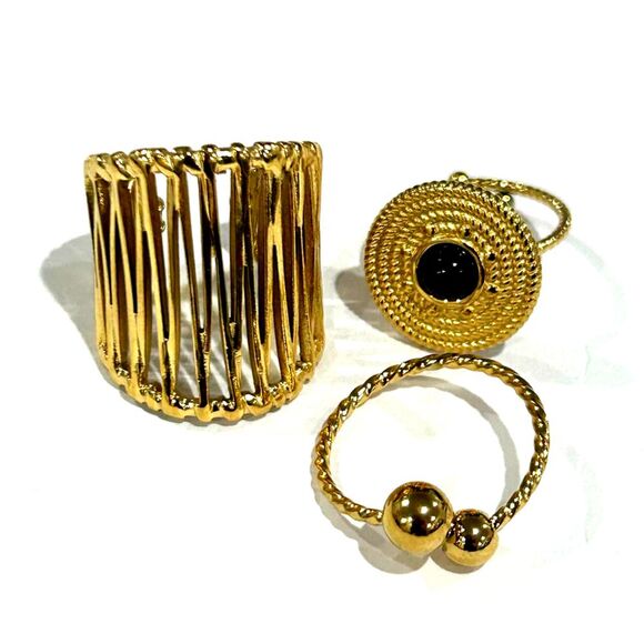 Tarnish Resistant 3 piece Gold Ring Set Size 7.5 adjustable Boho Contemporary - Picture 1 of 1
